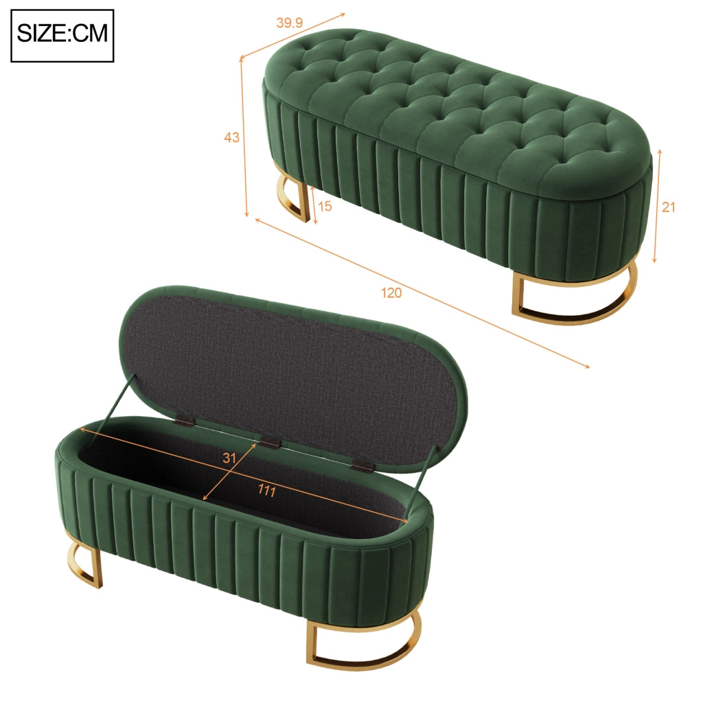 Panca Contenitore Pouf con Vano Nascosto e Seduta Imbottita; in Velluto Verde