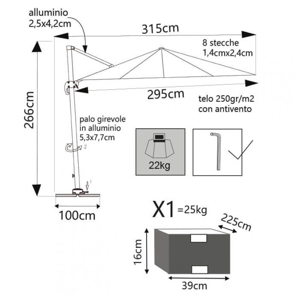 Ombrellone da Giardino Saturno Decentrato 3x3 m in Alluminio Azzurro Telo Ecru