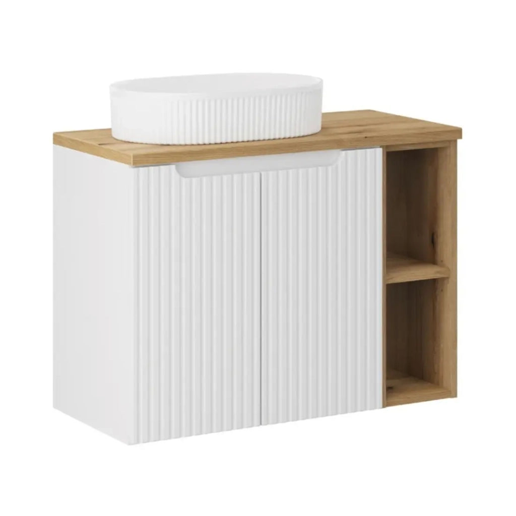 Set VANO bianco 80cm: mobili sotto lavabo con armadietti e nicchie a vista + piano per lavabo + lavabo da appoggio scanalato