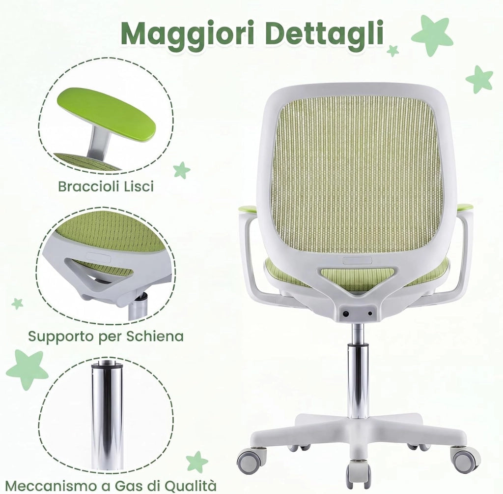 Sedia da Scrivania Girevole per Bambini (Verde,Ruote Ordinarie) | con Altezza Regolabile, 5 Ruote, Braccioli Morbidi, Mobile Ergonomica per Bambini 6-15 Anni