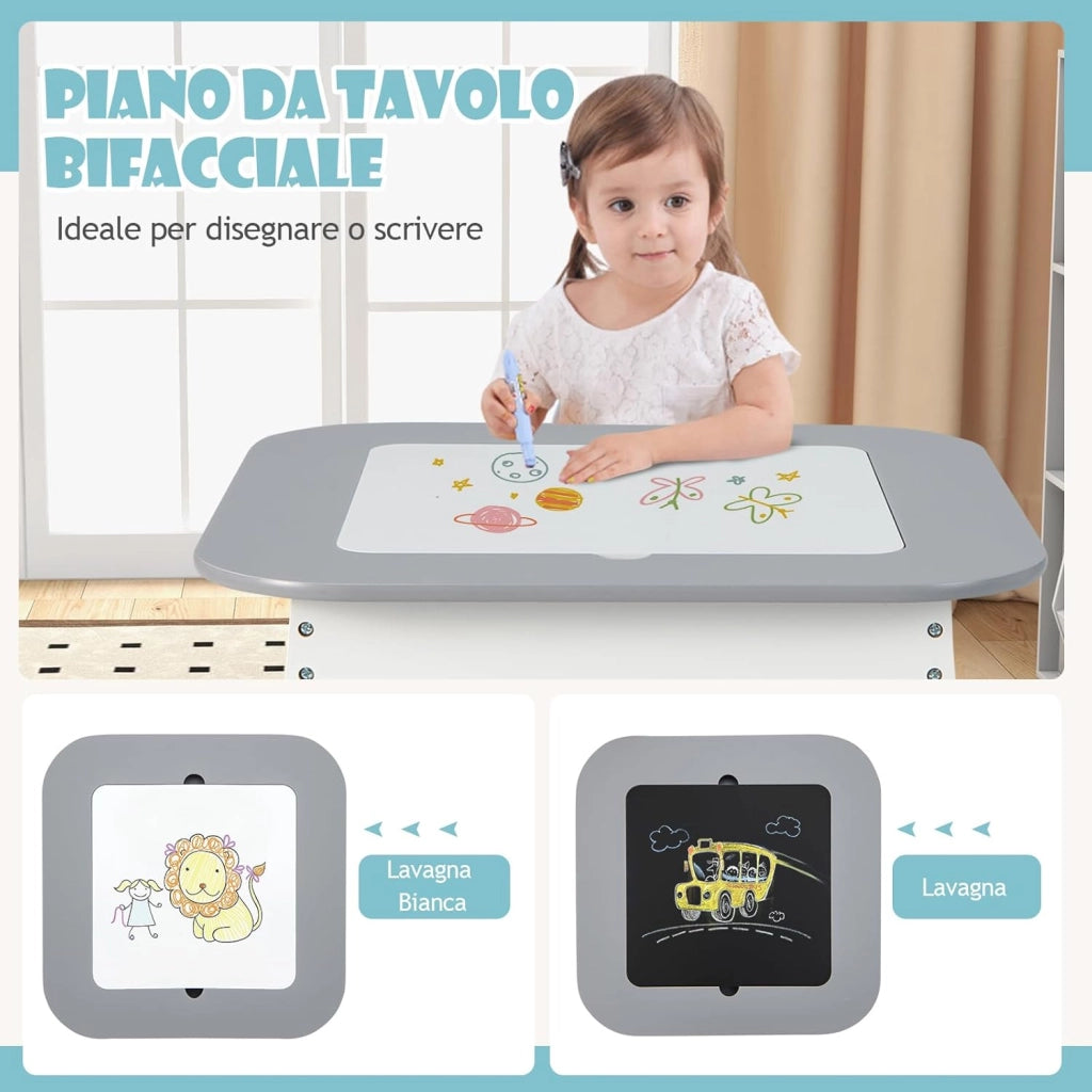 Set Tavolo e 2 Sedie per Bambini, con Lavagna Reversibile, Tavolo Multiattività con Vano Portaoggetti Nascosto e Sedie, per Bambini da 3-6 Anni, per Cameretta e Soggiorno (Grigio)