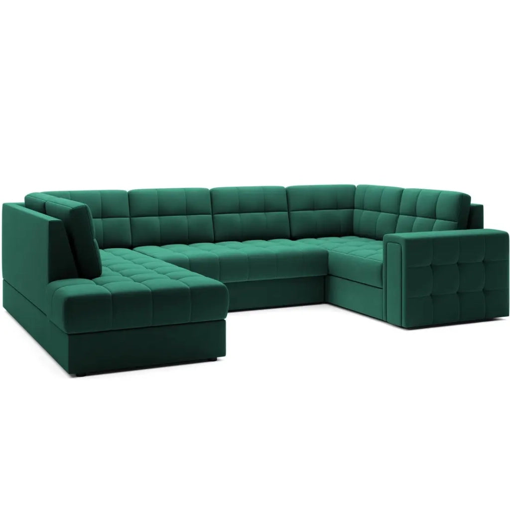 Divano ad angolo convertibile MONTEZA verde sinistro 299 cm con vano contenitore e letto