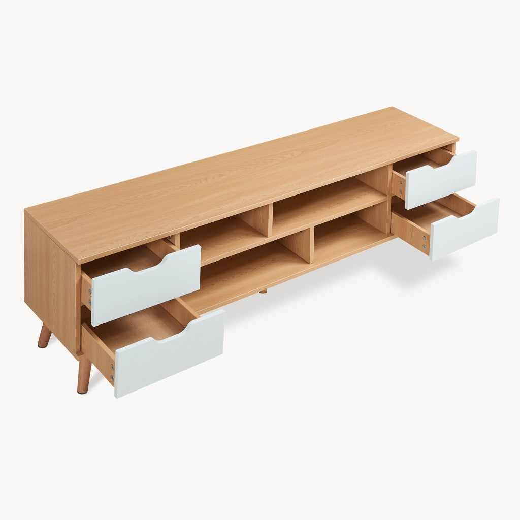 Mobile Porta TV Bordkak con 4 Cassetti a Scomparti Aperti 140 x 30 x 45 cm - Effetto Rovere / Bianco [en.casa]