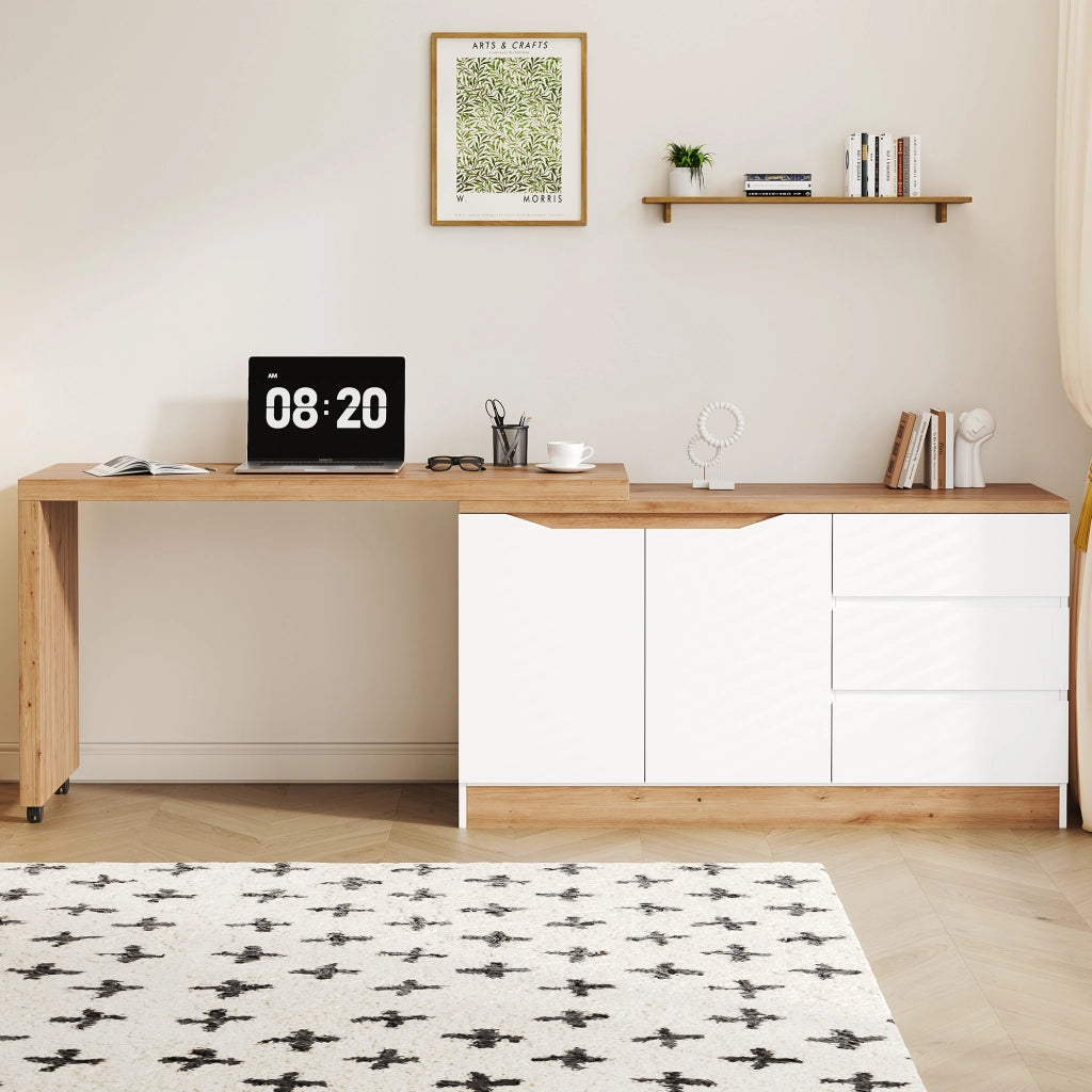 Scrivania pieghevole multifunzionale con 2 ante, 3 cassetti e ruote frenanti, per studio, bianco e rovere 120 × 50 × 78 cm