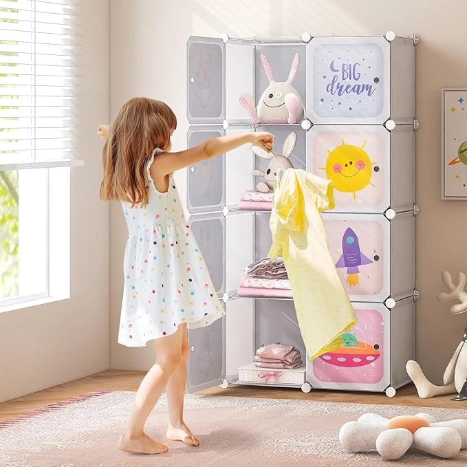 Armadio Portatile per Bambini, Organizzatore Modulari per Bambini a 8 cubi con Ante e Sezione Appendiabiti, Guardaroba Portatile per Sala Giochi Camera da Letto Asilo, 71x35,5x142 cm (Bianco)