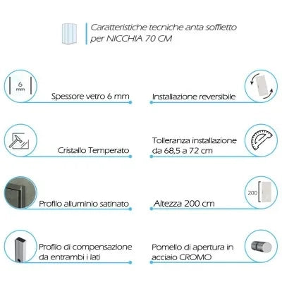 Porta doccia nicchia 70 cm a soffietto con vetro in cristallo trasparente Ted