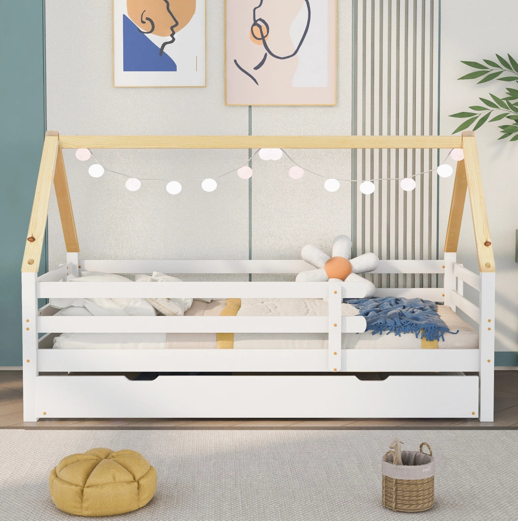 Letto a casetta bianco e naturale 90x200 cm con letto estraibile