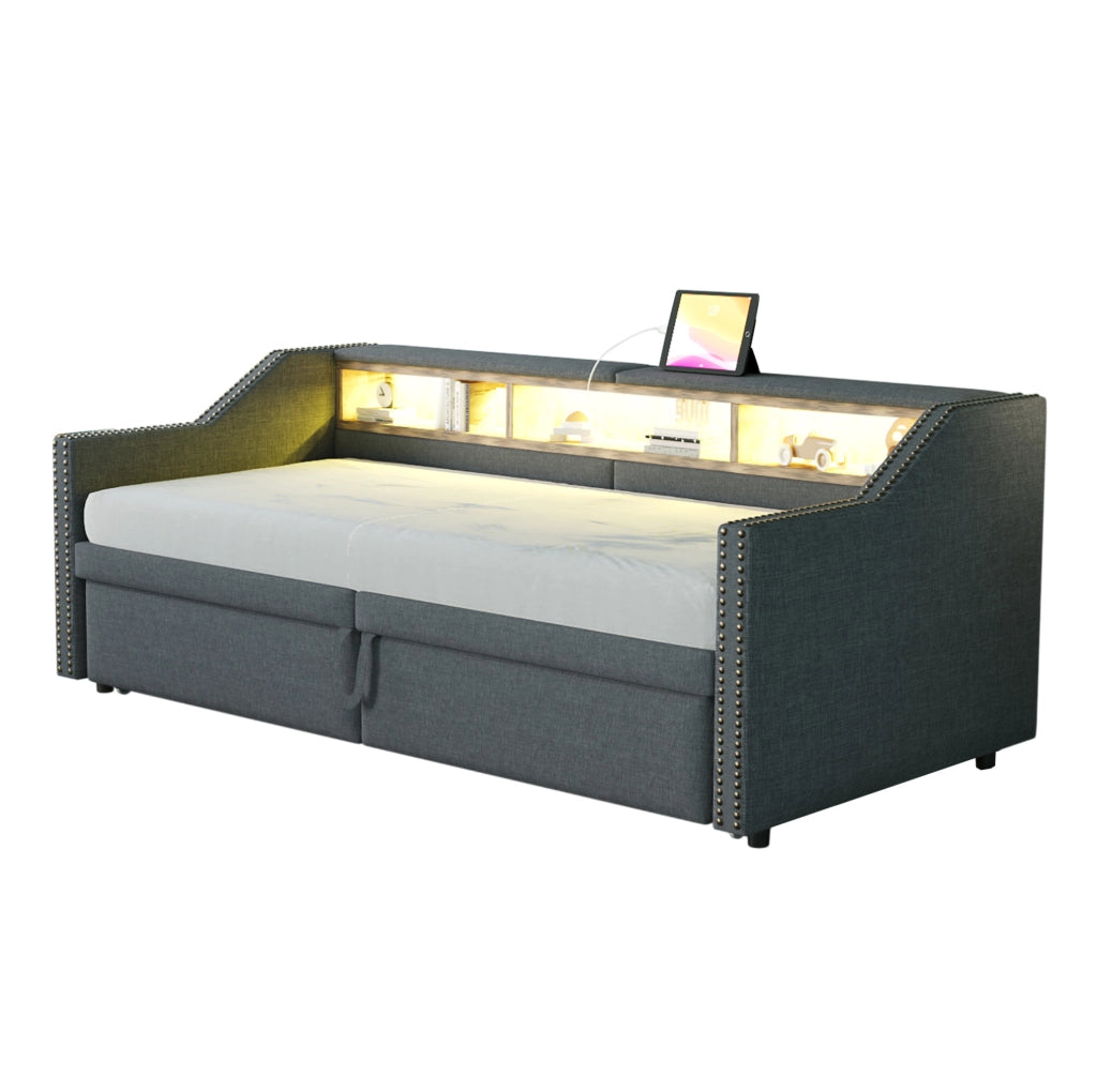 Divano letto imbottito estraibile 90/180 x 200 cm in tessuto effetto lino; grigio scuro