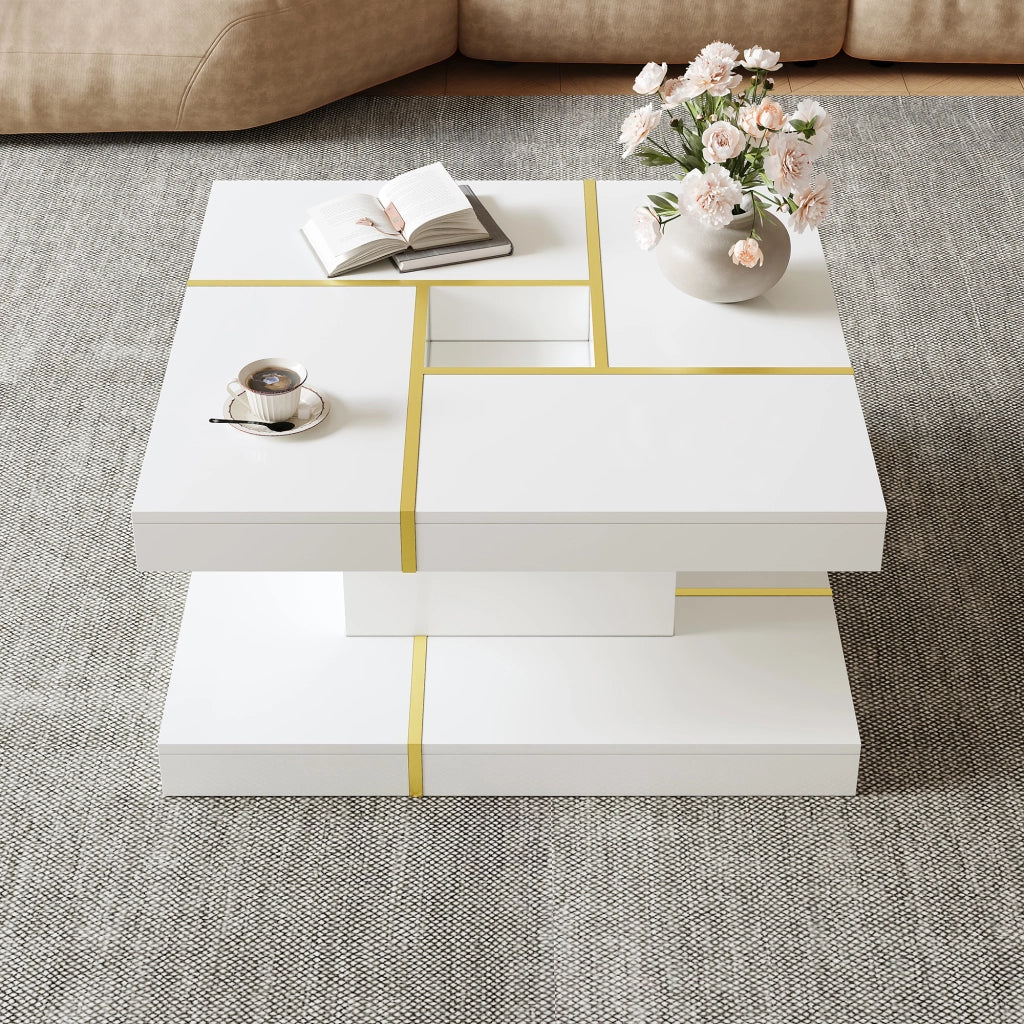 Tavolino da caffè con doppio ripiano e vano centrale - per soggiorno - 80 x 80 x 38 cm - bianco