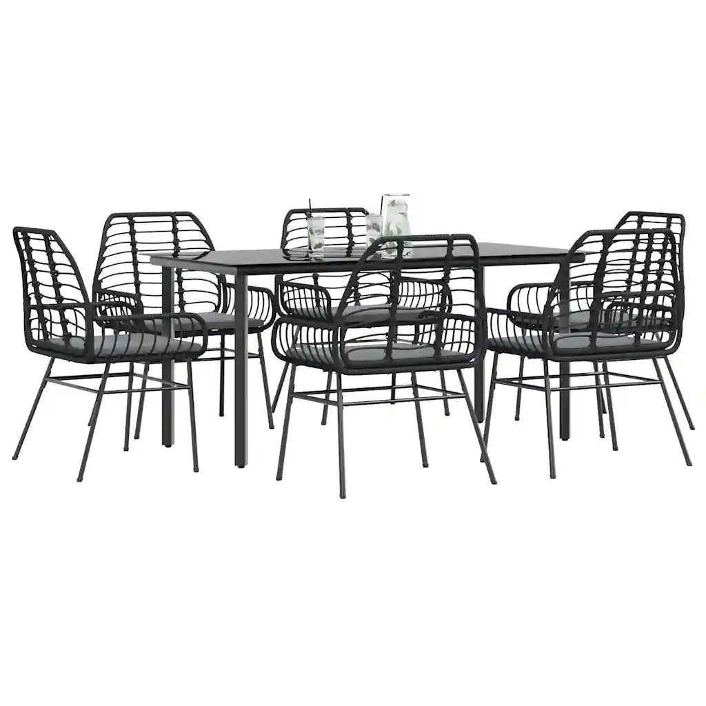 vidaXL Set Pranzo da Giardino 7 pz Nero con Cuscini Polyrattan Vetro