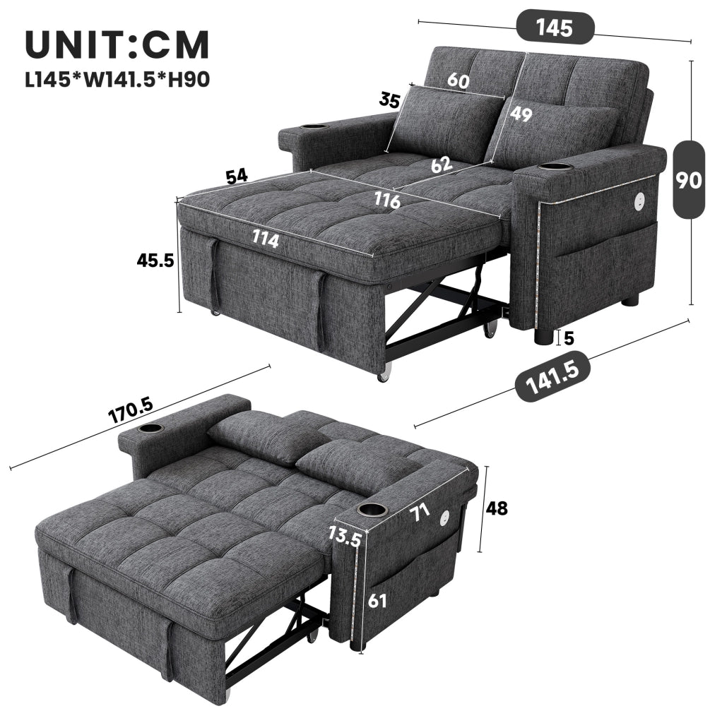 Sofa 2 posti con funzione letto; LED; USB/Type-C; schienale regolabile; Chenille grigio 145x141;5x90 cm
