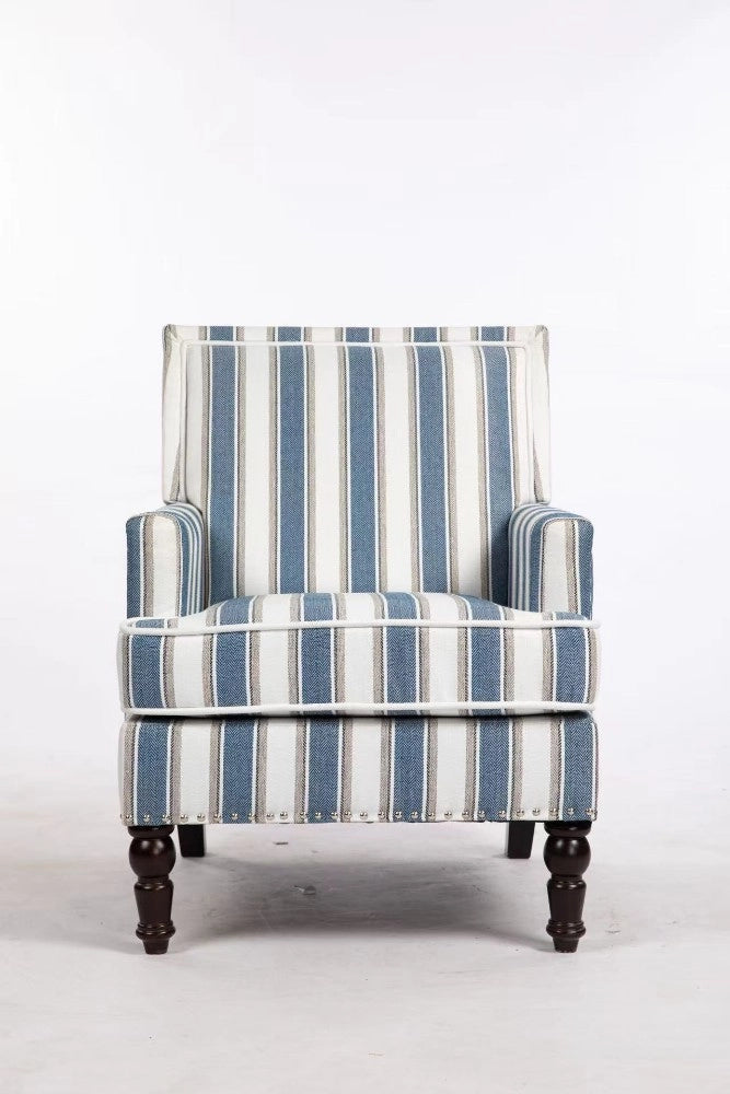 Sedia vintage imbottita - Zephmum- Blu e bianco in lino con borchie