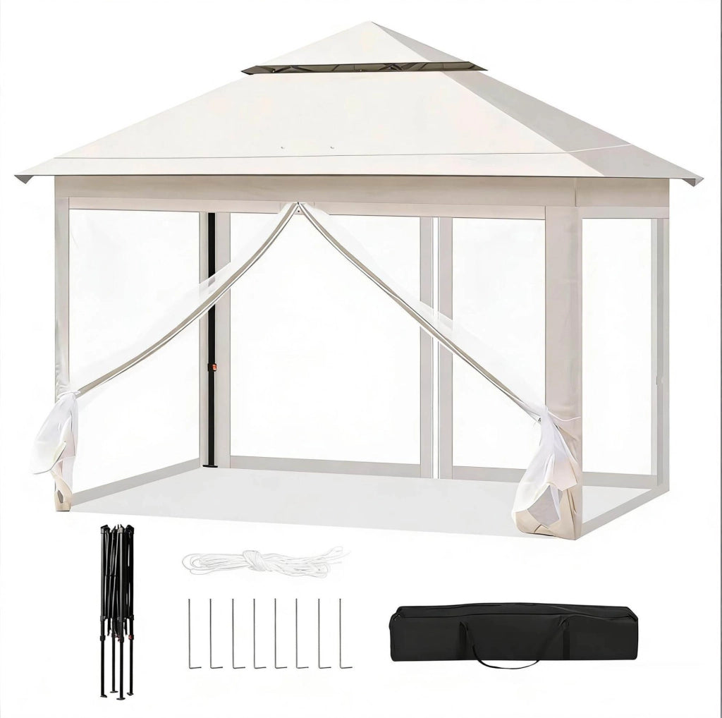 Gazebo pieghevole 3x3 m beige con zanzariere e doppio tetto
