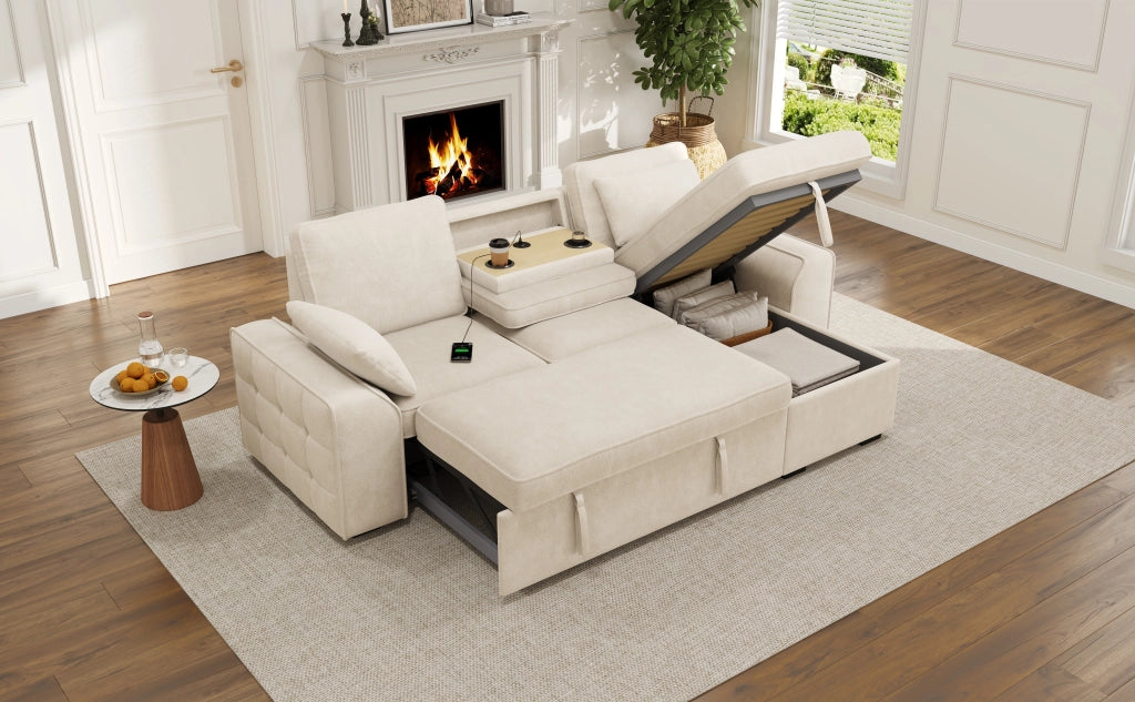 Divano angolare 3 posti convertibile con letto estraibile, contenitore, USB e chenille beige 237 × 141 × 86 cm