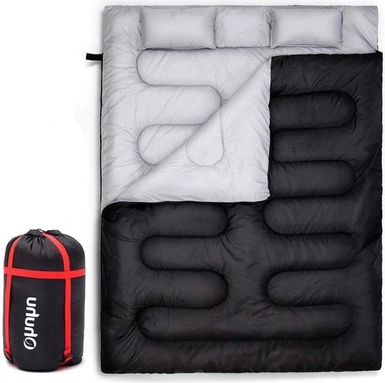 Sacco a due piazze 218 x 150 cm - Sacco da letto per adulti con coperte e cuscini inclusi, con borsa da trasporto - Temperatura confortevole: -5 °C / 20 F ~ 10 °C / 50F per sacchi a pelo da campeggio