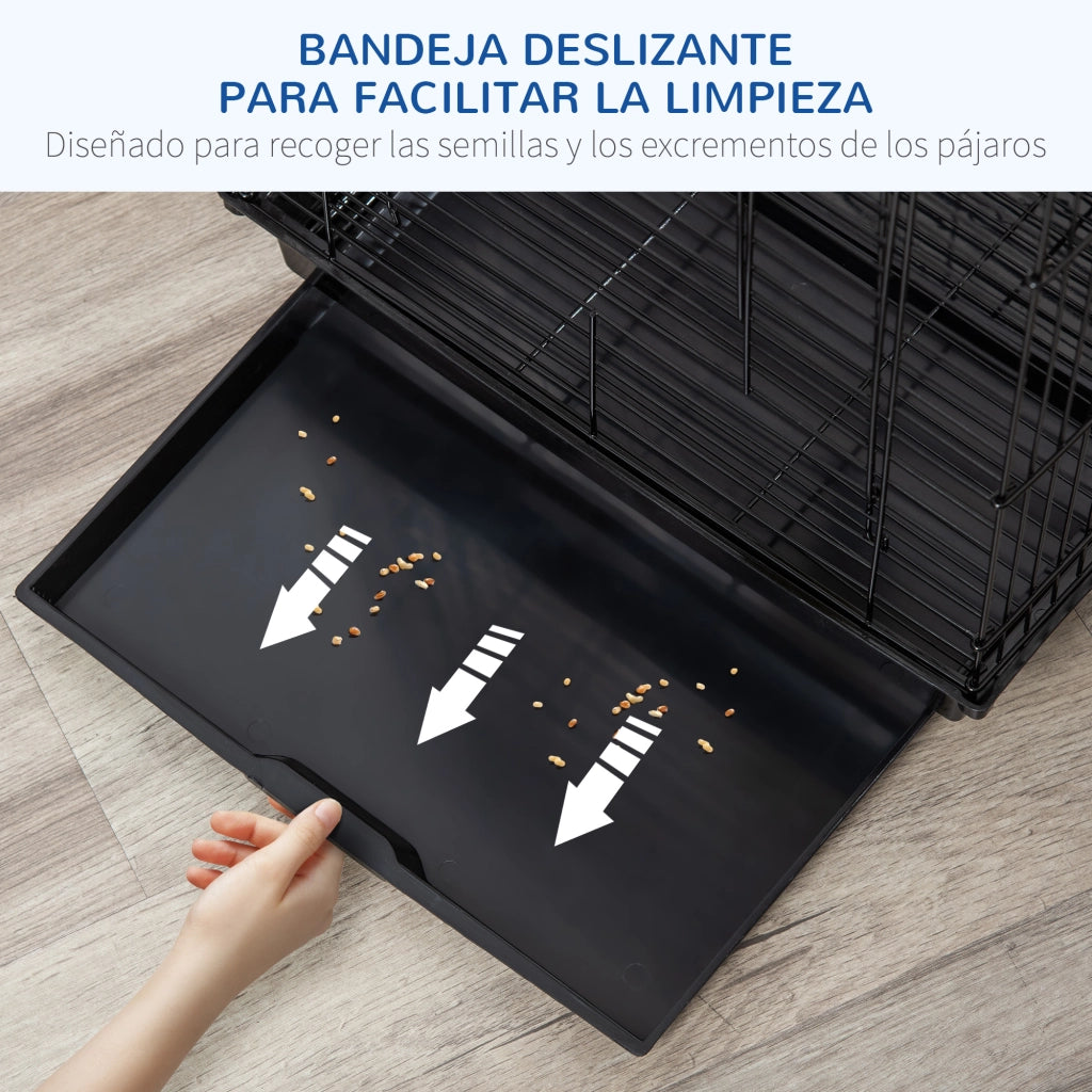 Gabbia per Uccelli ¨C Xylo ¨C 40x40x59 cm, Tetto Apribile, 2 Posatoi, 2 Mangiatoie, Vassoio Estraibile, Nero