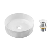Lavabo da appoggio rotondo 36 cm bianco lucido in ceramica con rilievo decorativo e piletta