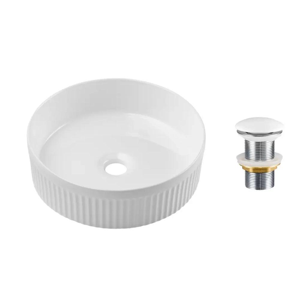 Lavabo da appoggio rotondo 36 cm bianco lucido in ceramica con rilievo decorativo e piletta