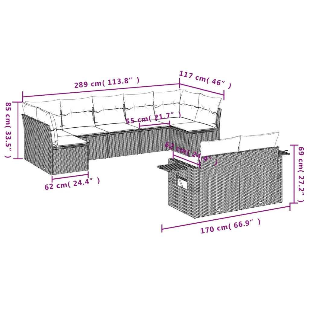 Set Divano da Giardino 9 pz con Cuscini Beige in Polyrattan 3220617
