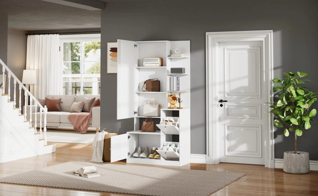 Mobile ingresso alto 85x40x180 cm in truciolare bianco con specchio; 2 ante e 5 ripiani