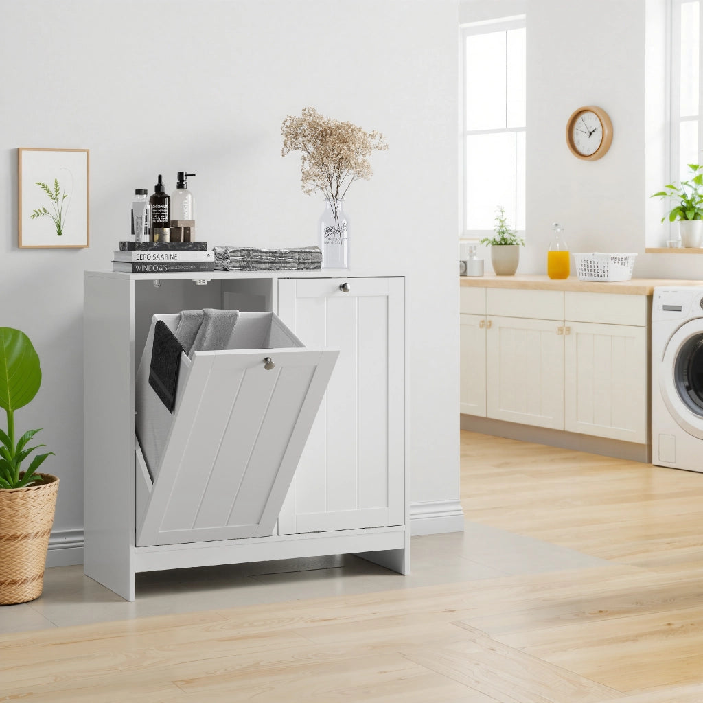Armadio portabiancheria inclinabile con 2 cesti estraibili, organizer freestanding per bagno e lavanderia, bianco