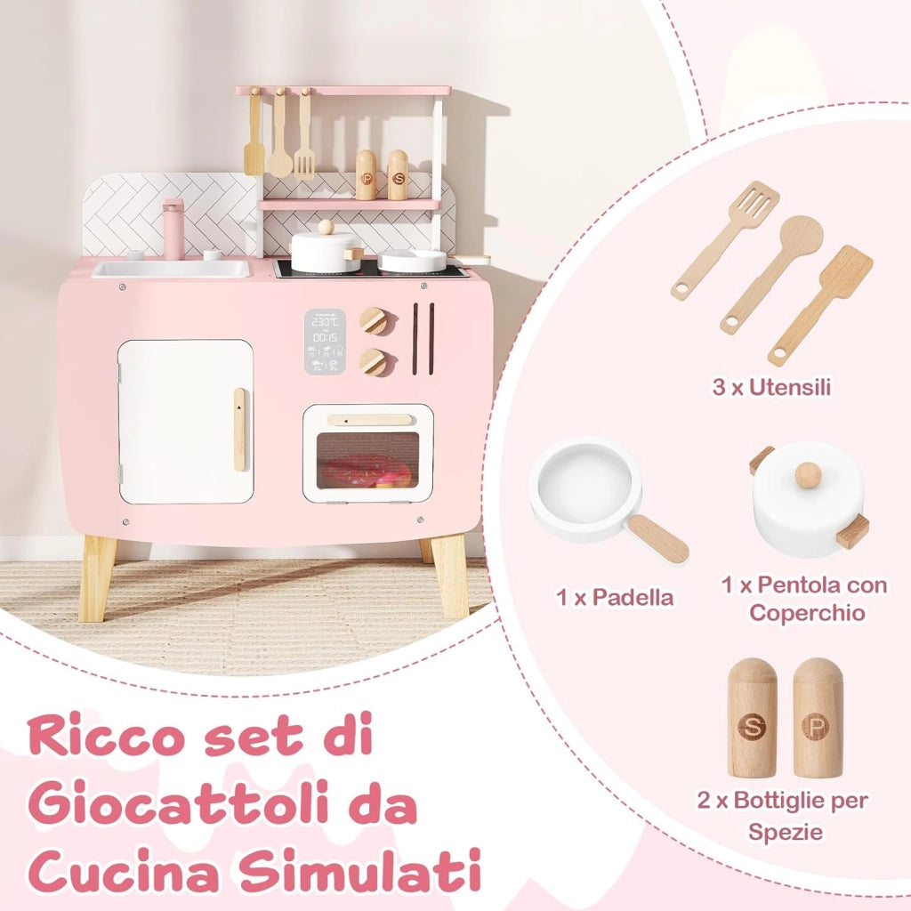 Cucina Giocottolo in Legno per Bambini, Set Gioco di Ruolo Chef con Luci e Suoni, Forno, Fornelli, Microonde e Accessori Vari, Adatto a Bambini 3+ Anni, 58 x 29 x 73,5 cm