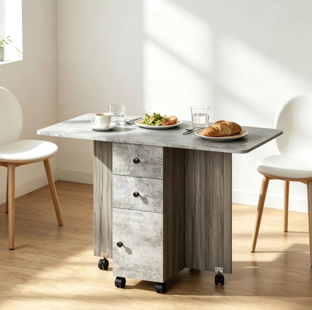 Tavolo da Pranzo Salvaspazio Grigio con 2 Ribalte, Cassetti e Ruote, Dimensioni Compatte