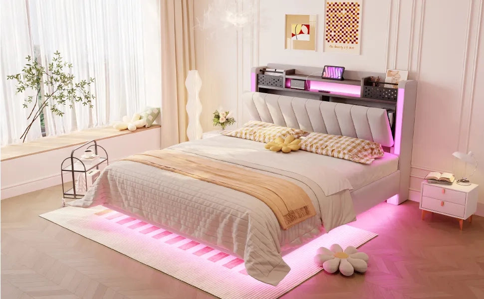 Letto matrimoniale imbottito 140x200 cm con LED; USB; testiera contenitore e rete; beige