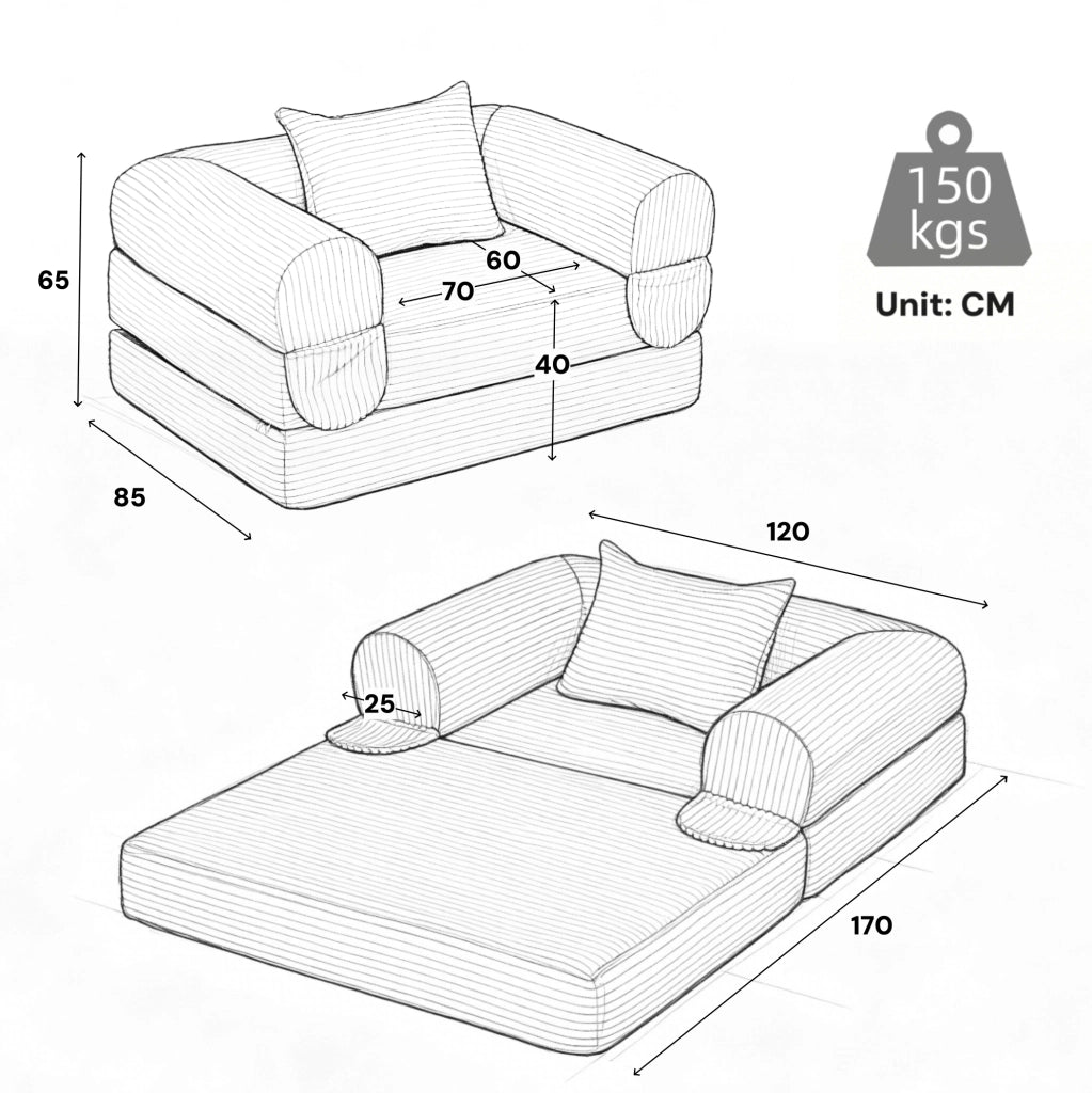 Poltrona letto singola pieghevole in velluto a coste arancione