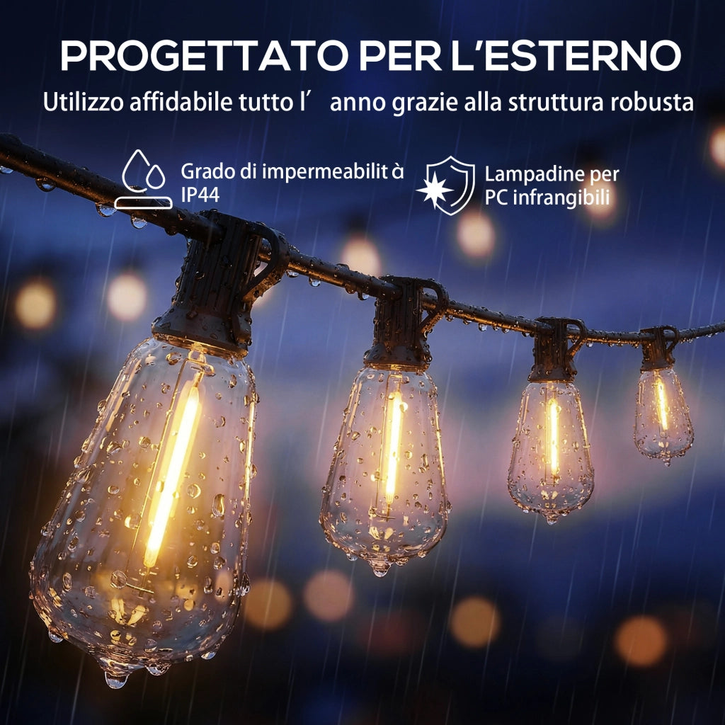 Catena Luminosa da Esterno 1800x3,8x9 cm con 50 Luci LED IP44 in PET e Plastica Nero e Trasparente
