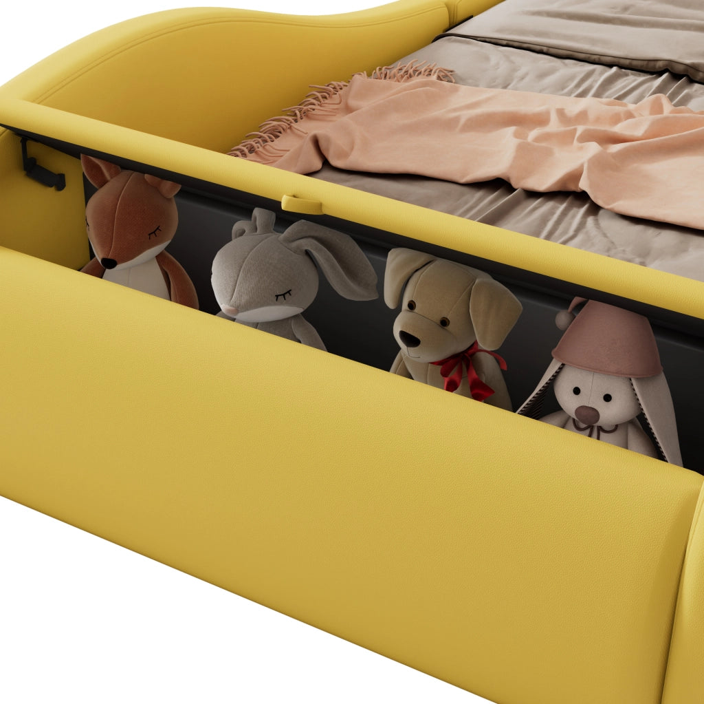 Letto imbottito a forma di auto 90×200 cm giallo con ruote luminose e vano portaoggetti