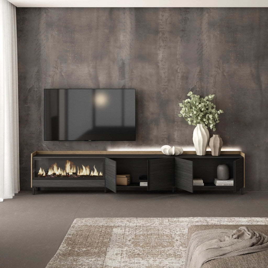 Mobile TV Soggiorno, 315x61x35 cm, Per TV fino a 80", Camino elettrico XXL, Design industriale, LED, Nero e rovere