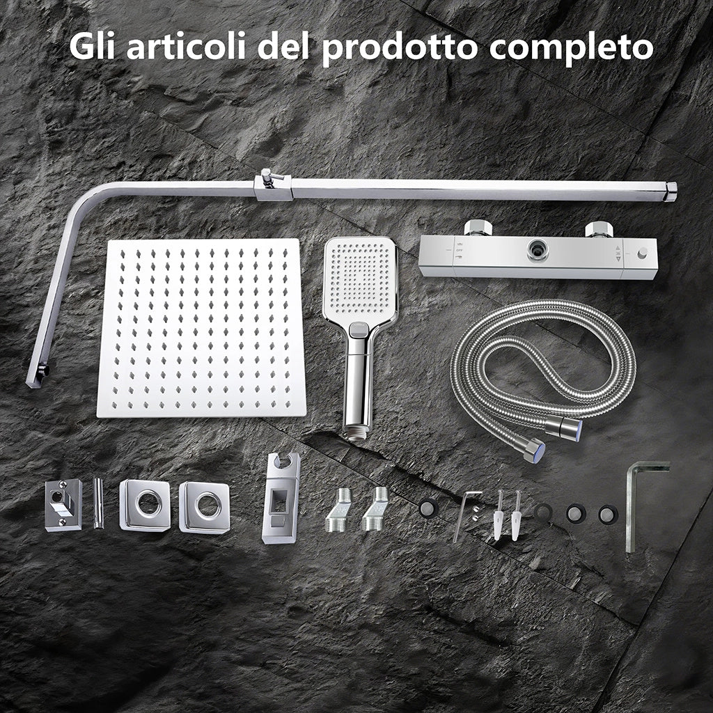 Miscelatore termostatico doccia con soffione 30x30cm e doccetta 25x10cm, colonna doccia rettangolare cromo