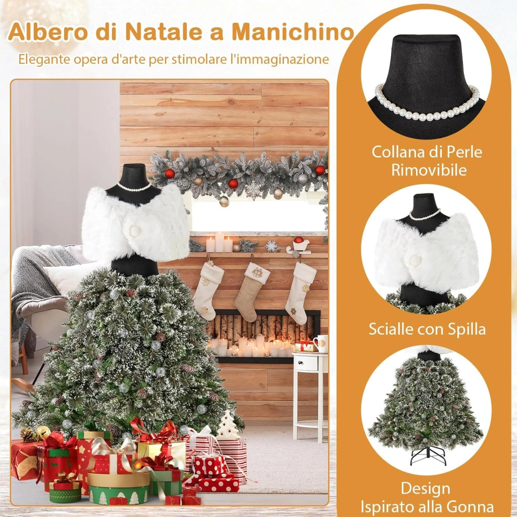 Albero di Natale Artificiale 150 CM con Manichino Pre-Illuminato, Albero di Natale a Forma di Abito con 465 Punte di Rami, 50 Luci a LED, 36 Pigne, Scialle, Collana