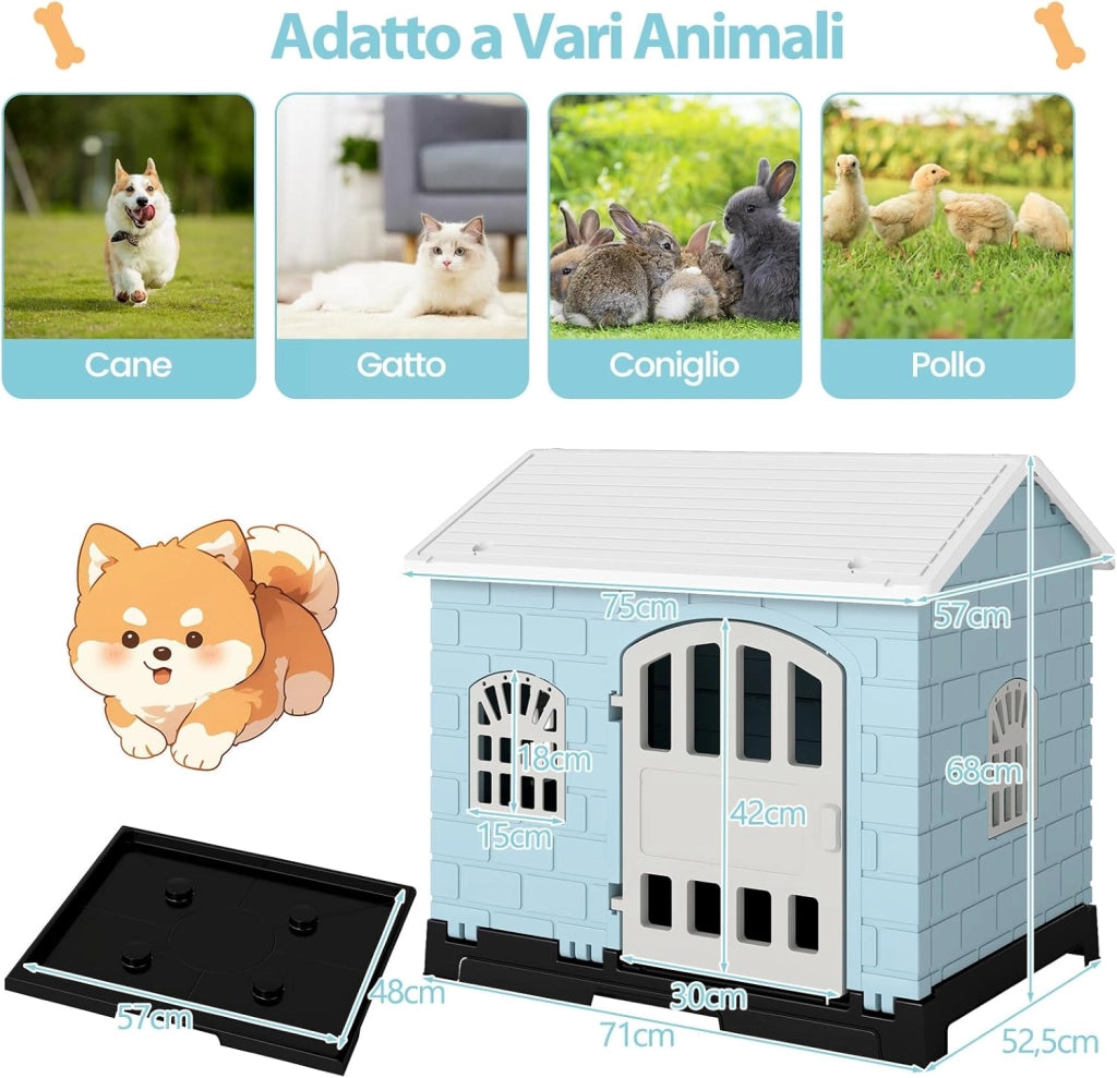Cuccia per Cani da Esterno ed Interno, Casetta Impermeabile e Ventilata con Vassoio Toilette Rimovibile, Porta Bloccabile, 3 Finestre e Tetto a Pendenza, per Cani di Piccoli e Gatti (Blu)