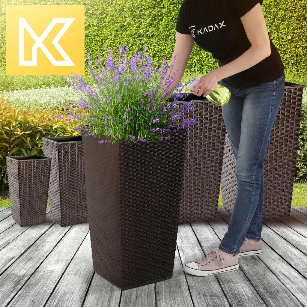 Set di 3 vasi da fiori KADAX, vasi da giardino + inserto, alti e grandi, color moka, 47+57+68 cm