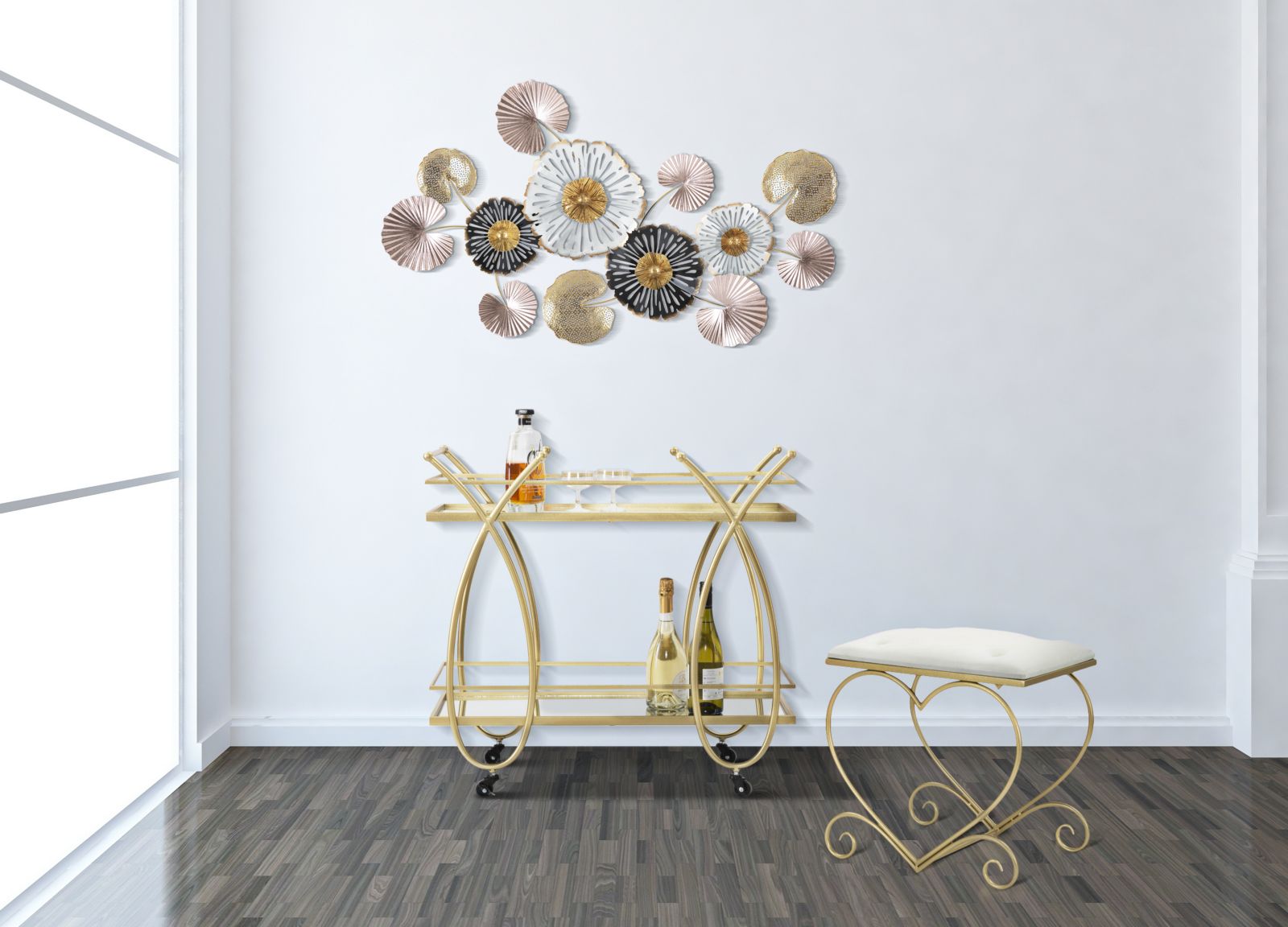 Sgabello Heart Crema 50x37,5x51,5 cm in Ferro e MDF e Spugna e Poliestere Oro e Rosa