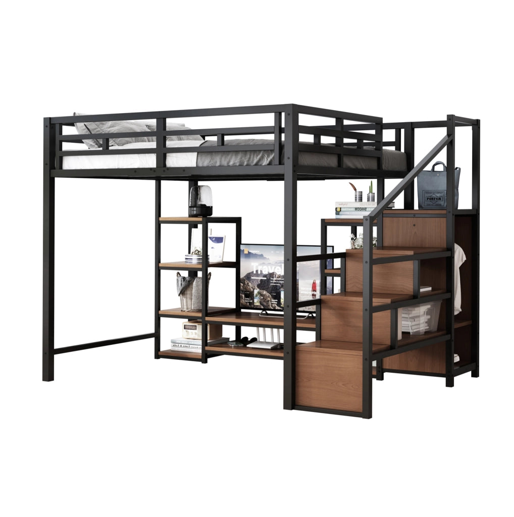Letto a soppalco 140x200 con supporto TV, presa integrata e scala contenitiva