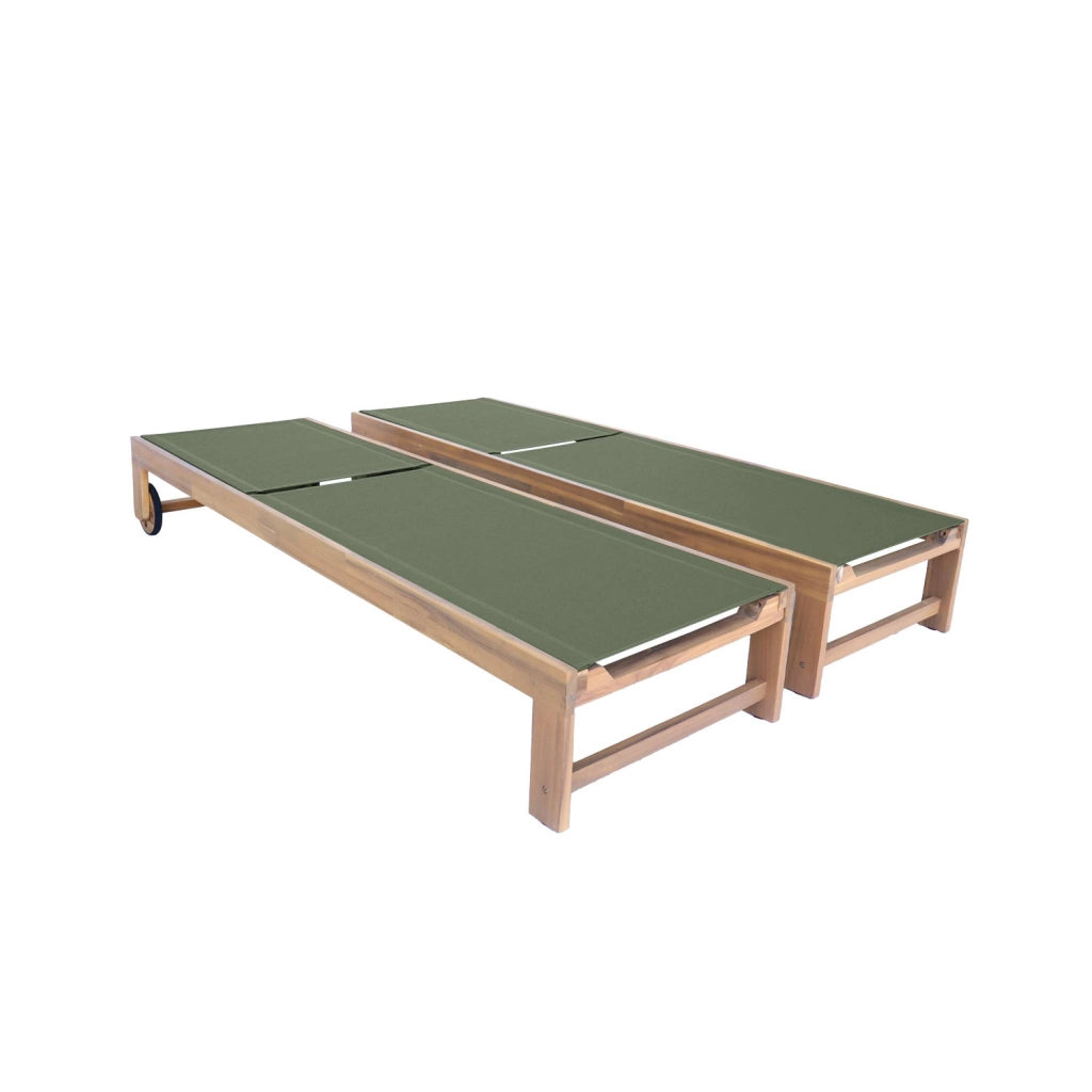 Set 2 lettini prendisole in legno multiposizione con ruote, verde kaki