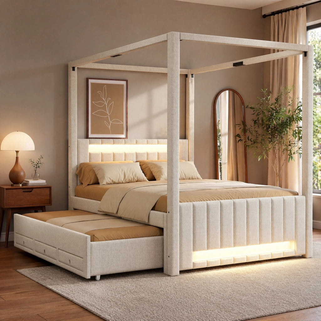 LETTO A BALDACCHINO 140x200 cm con letto estraibile e 3 cassetti, LED Beige