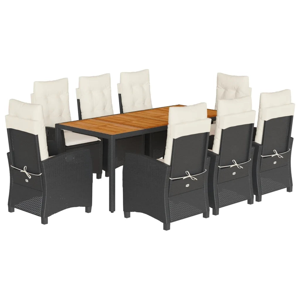 Set da Pranzo da Giardino 9 pz con Cuscini Nero in Polyrattan