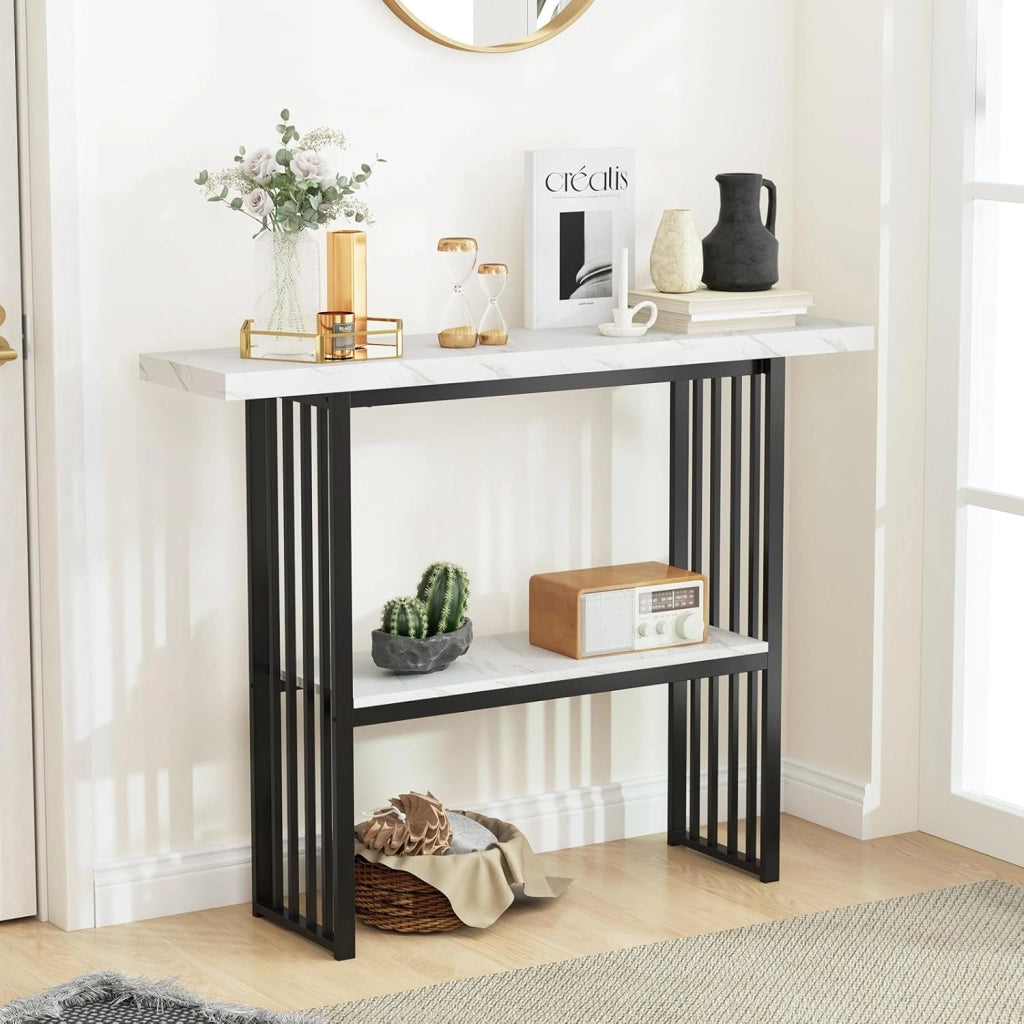 Tavolo da Ingresso Stretto e Compatto, Tavolo da Divano in Finto Marmo con Struttura in Acciaio, Consolle Moderno per Salotto e Corridoio, 120 x 29,5 x 92,5 cm (Nero e Bianco)
