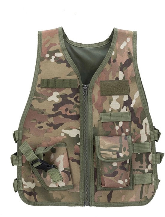 Vestone camouflage per bambini con diverse tasche, adatto per giochi di guerra all'aperto e caccia.