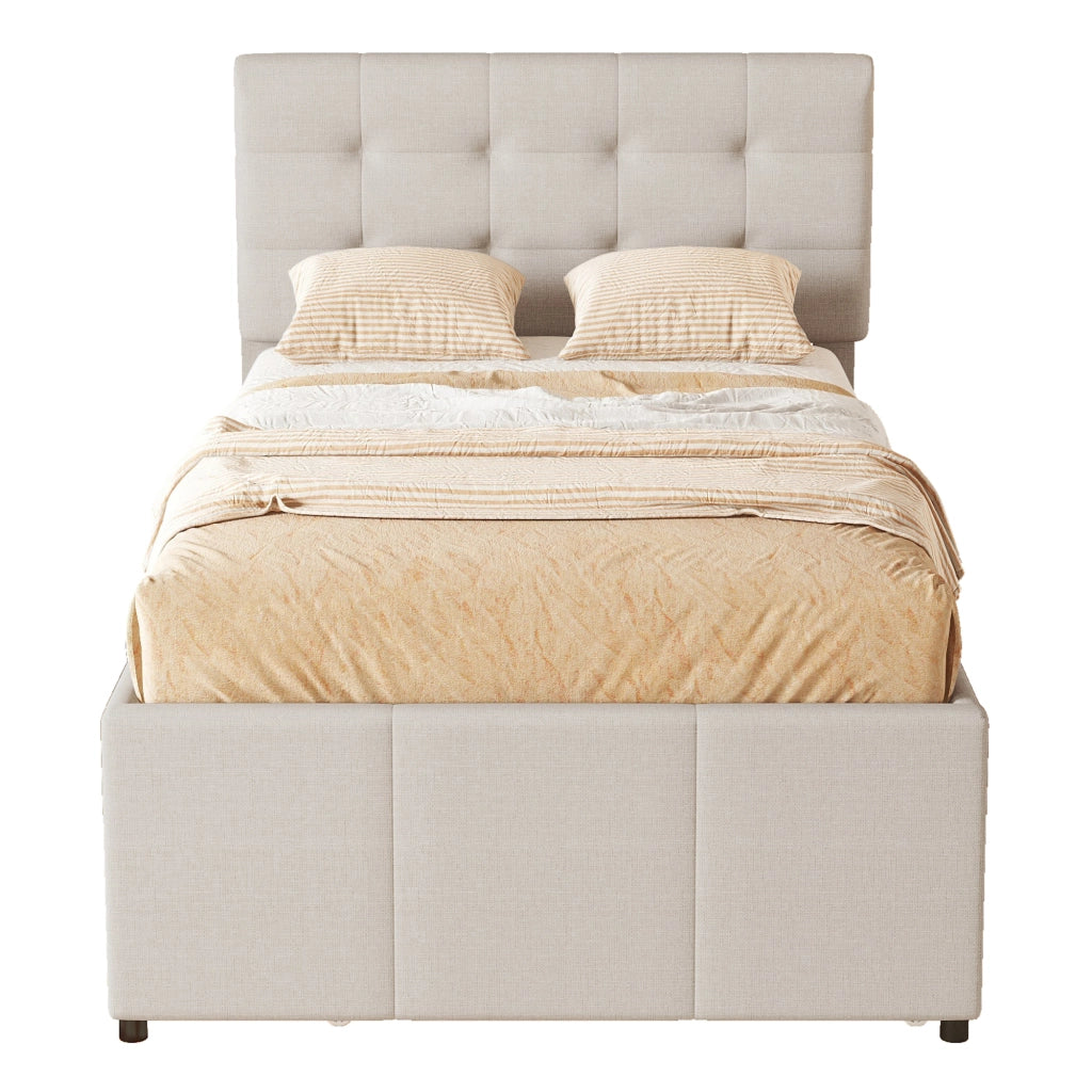 OKWISH Letto con Cassetti 90×200 cm, Letto Singolo con Letto estraibile, 3 Cassetti e Testiera Regolabile, senza Materasso, Beige