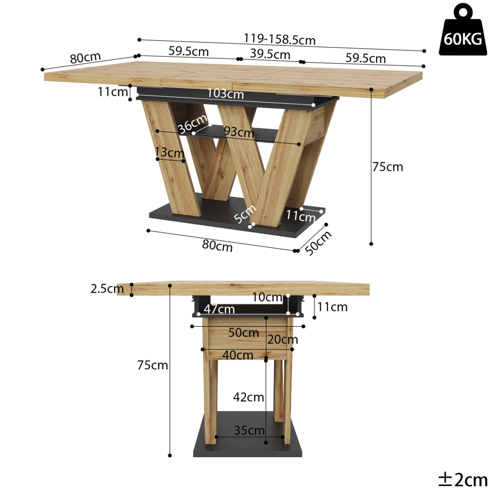 Tavolo da pranzo allungabile 119-158.5x80x75 cm con vano contenitore; MDF nero e naturale