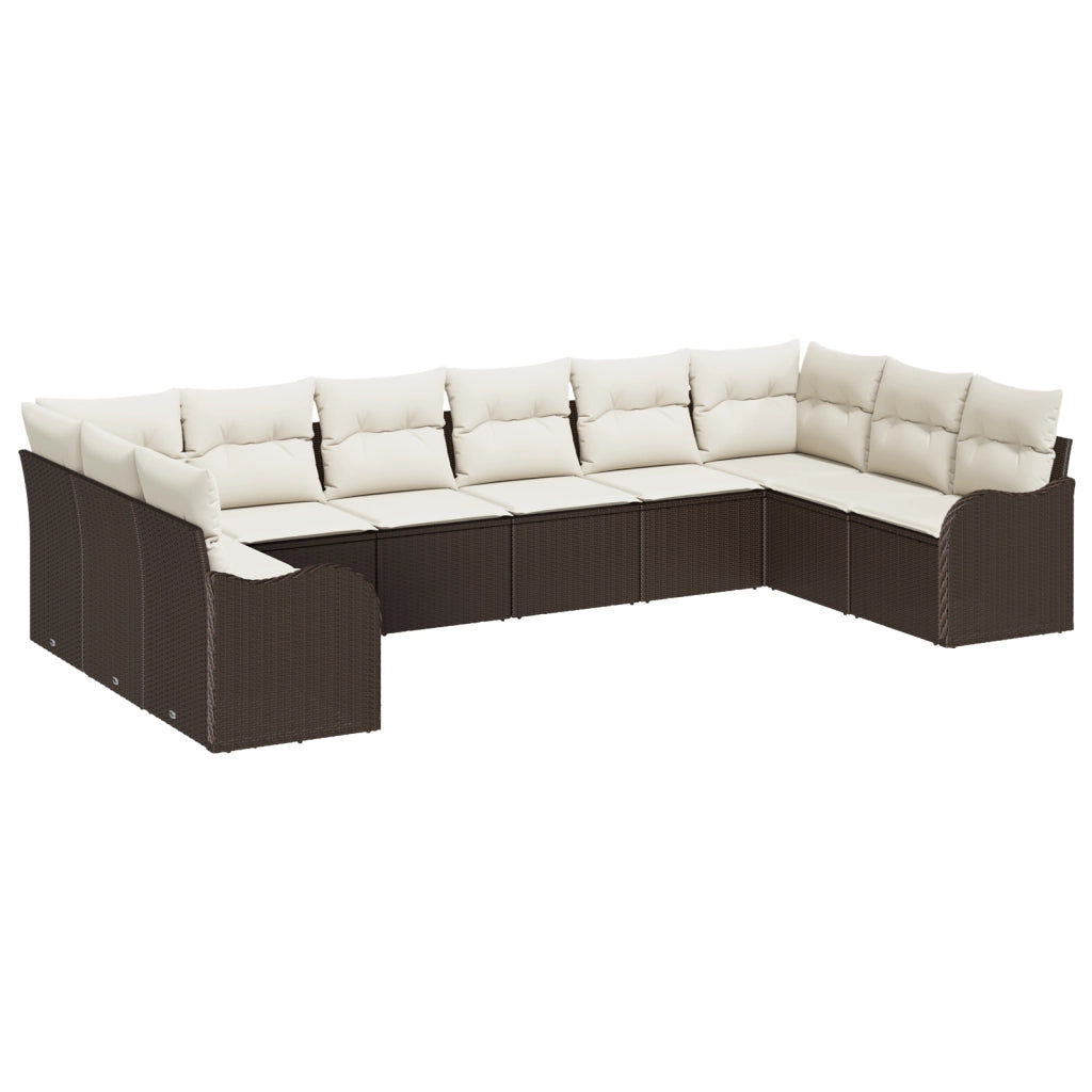 Set di Divano da Giardino a 10 Pezzi con Cuscini Rattan Poly Marrone