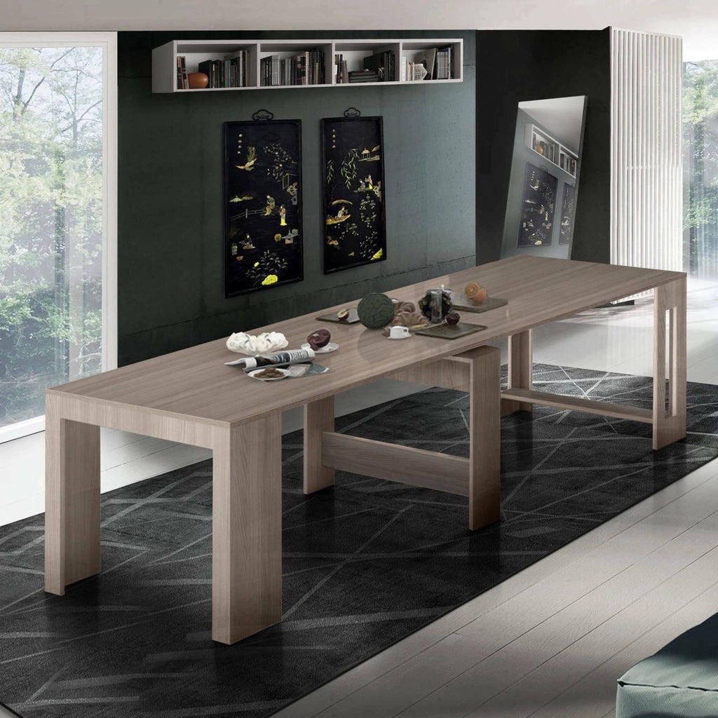 Tavolo da pranzo Anello, Made in Italy, Consolle allungabile fino a 12 posti, con portallunghe, cm 51/300x90h77 Olmo perla