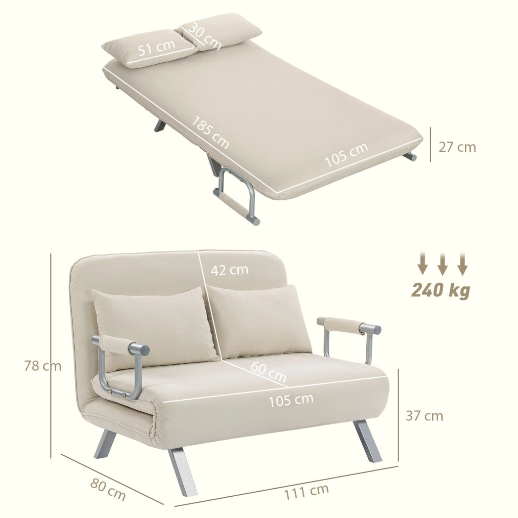 Divano letto 2 posti con schienale regolabile e 2 cuscini ¨C zephmum ¨C beige similpelle