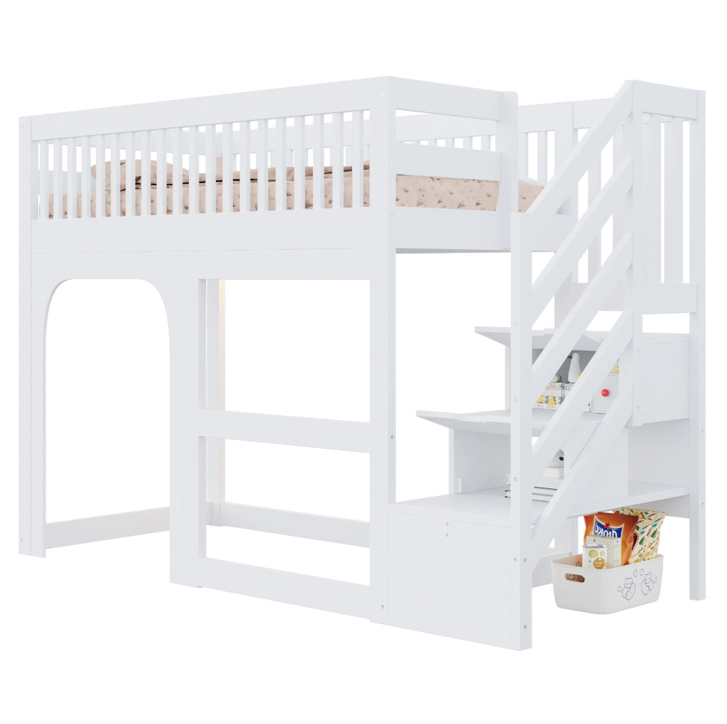 Letto a soppalco per bambini 90x200 cm in legno bianco con scala contenitore e LED