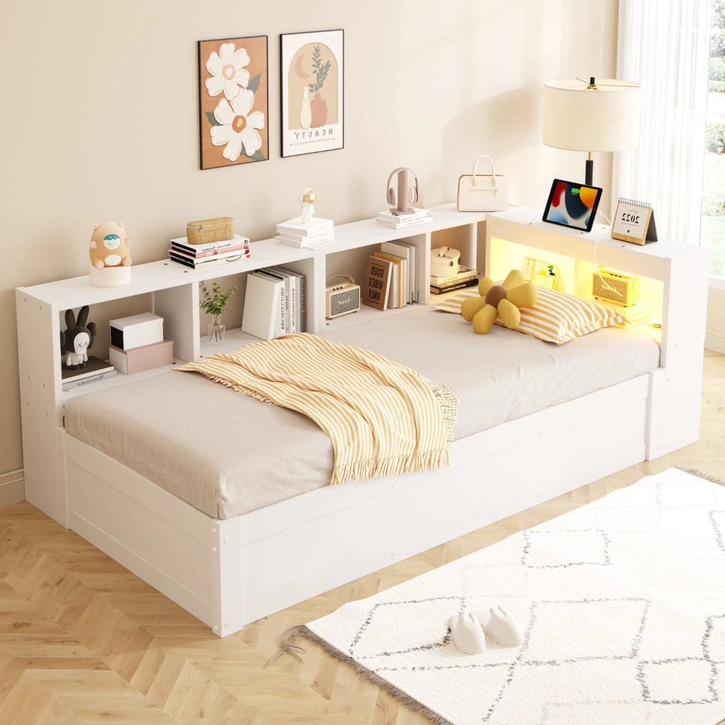 Letto singolo multifunzione 90x200 cm con LED e vano contenitore